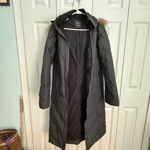 🧥 prAna Women’s Long Puffer Coat with Faux-Fur Hood – Charcoal Gray – Size L/XL